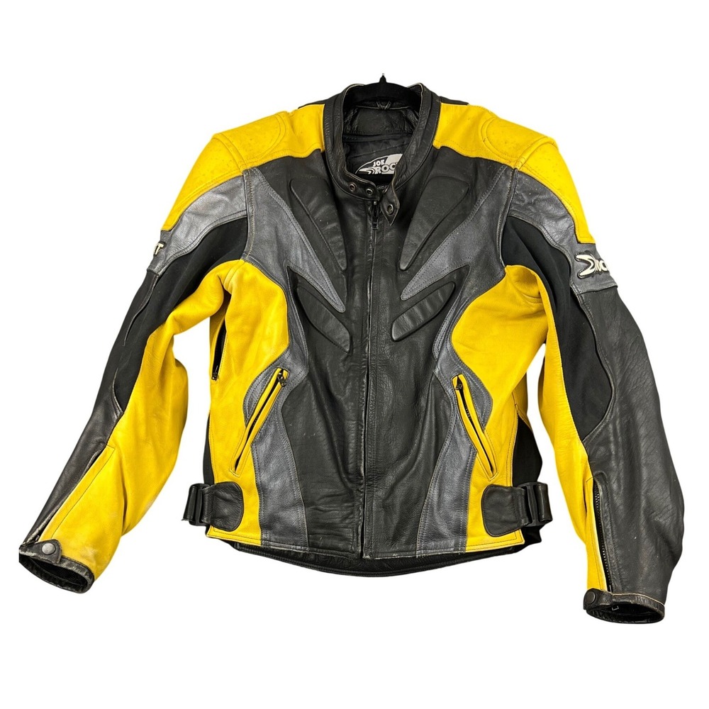 Joe Rocket Leather Motorcycle Jacket Mens 44 Black Yellow Padded Racing Coat